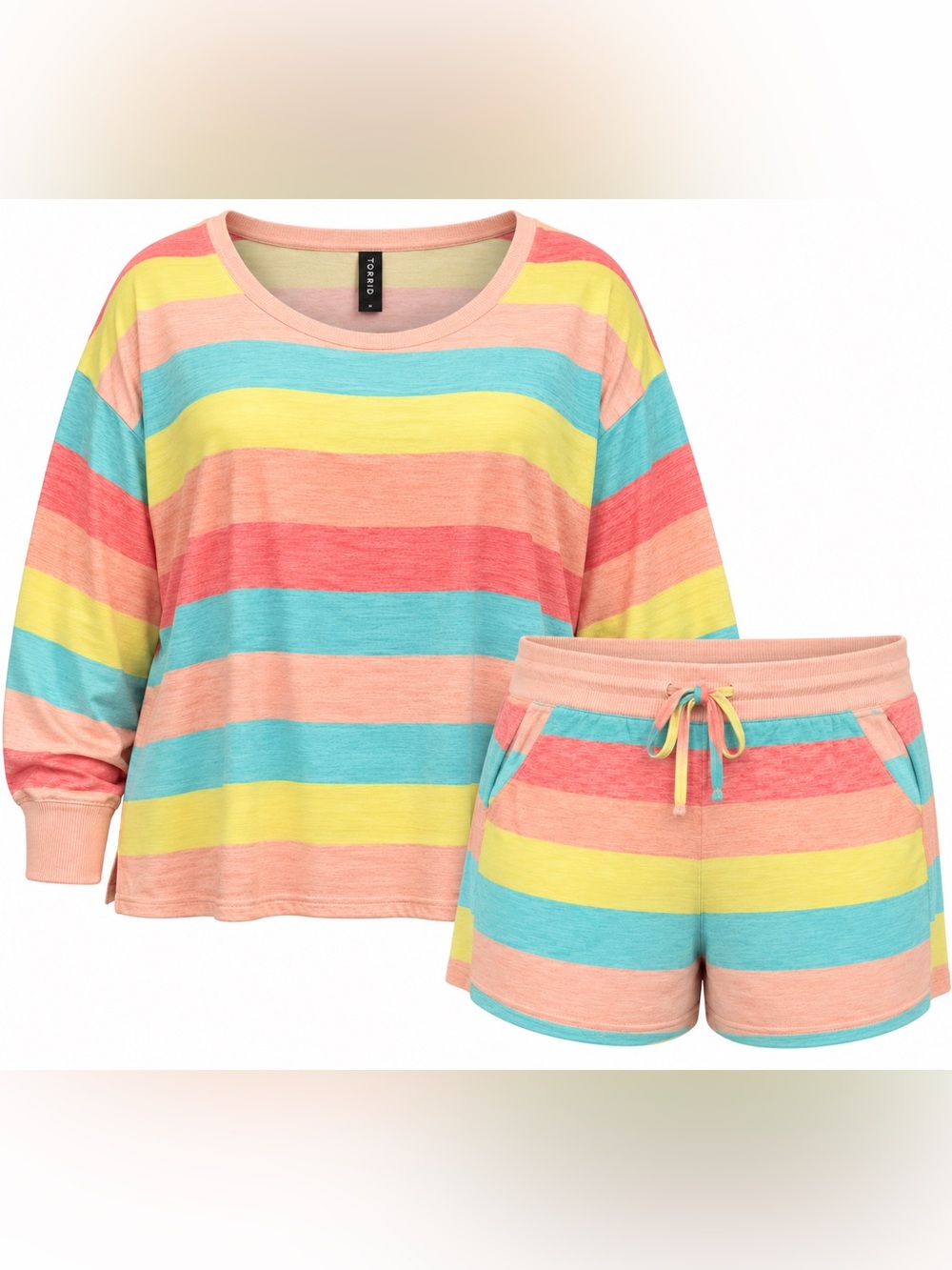 Torrid Pastel Striped Scoop Neck Lounge Set in Peach, Yellow & Aqua